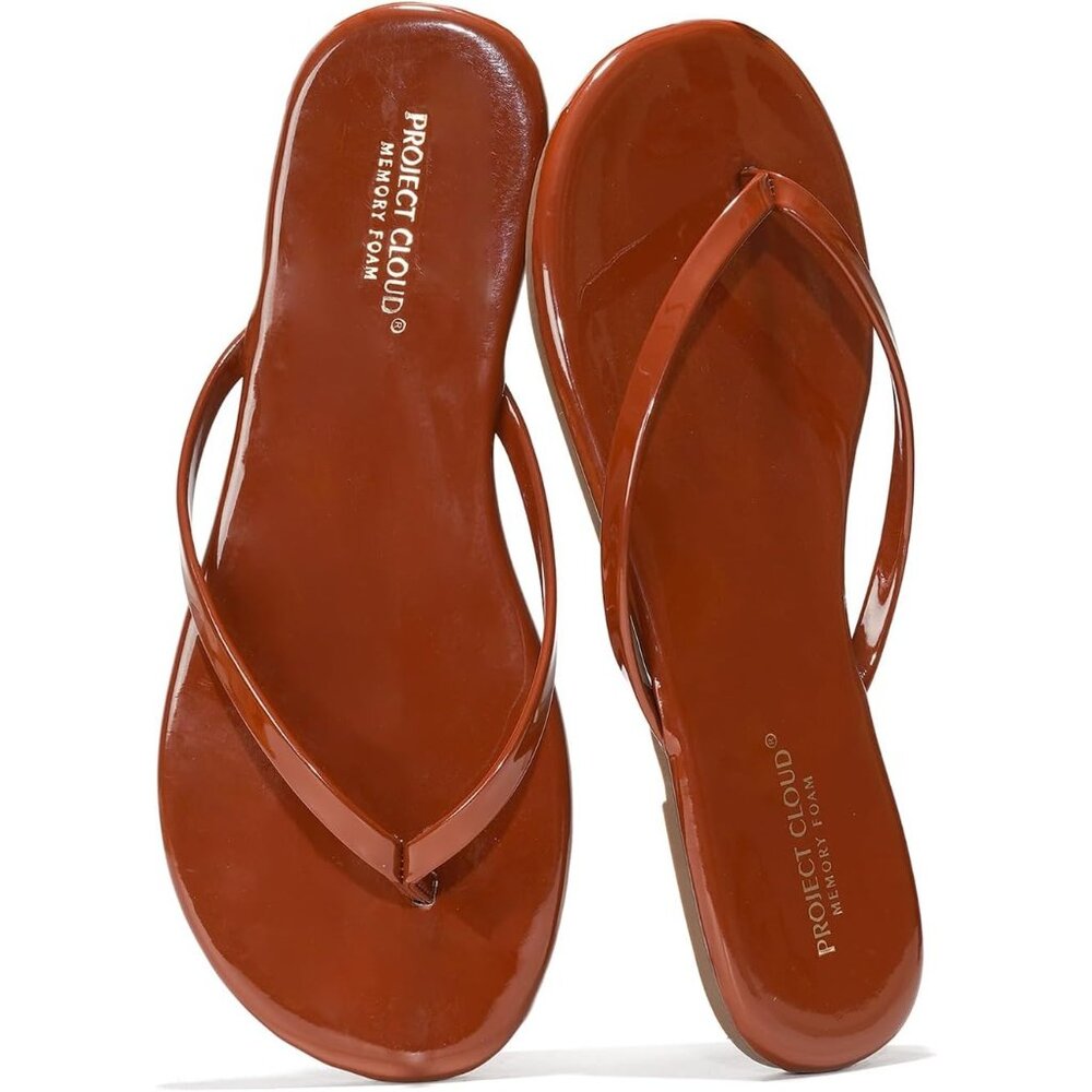 ⚡Women's Brown Patent Memory Foam Flats Summer Vegan Leather Lightweight Slip On